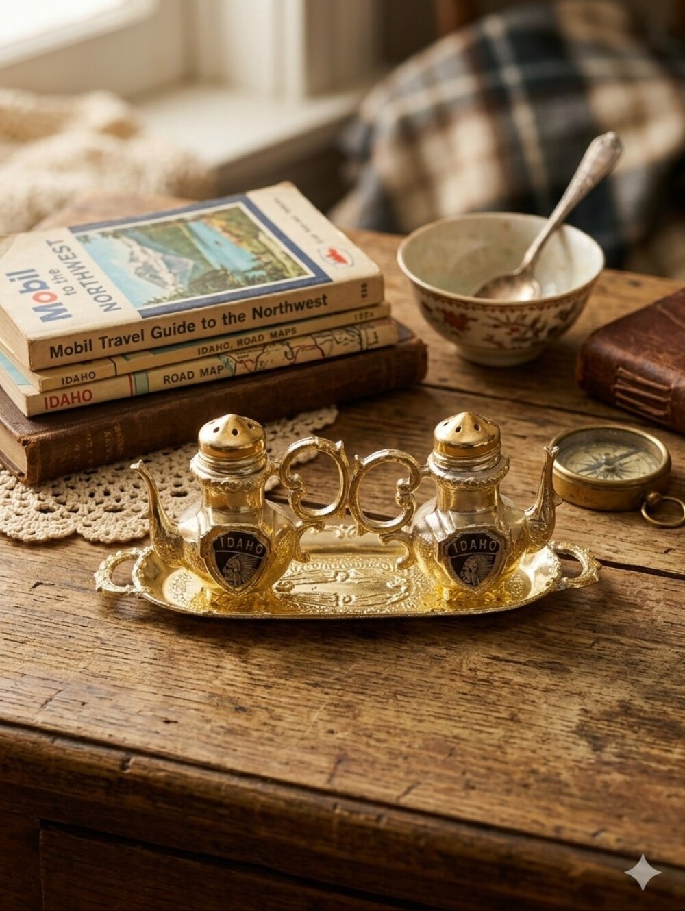 ​Vintage Idaho Souvenir Gold Metal Salt & Pepper Shakers Set with Tray MCM